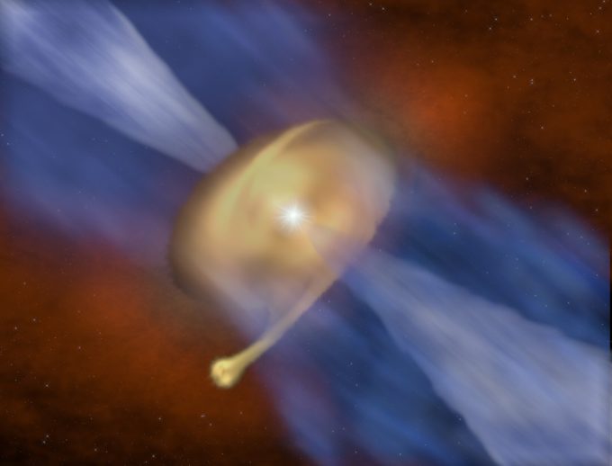 Representación artística del disco de polvo y gas que rodea la protoestrella masiva MM 1a, con su compañera MM 1b formándose en la zona exterior. Créditos: J. D. Ilee / Universidad de Leeds.