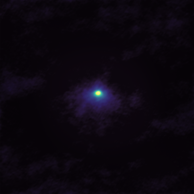 ALMA image of comet 46P/Wirtanen taken on December 2 as the comet approached Earth. The ALMA image shows the concentration and distribution of hydrogen cyanide (HCN) molecules near the center of the comet's coma. Credit: ALMA (ESO/NAOJ/NRAO); M. Cordiner, NASA/CUA