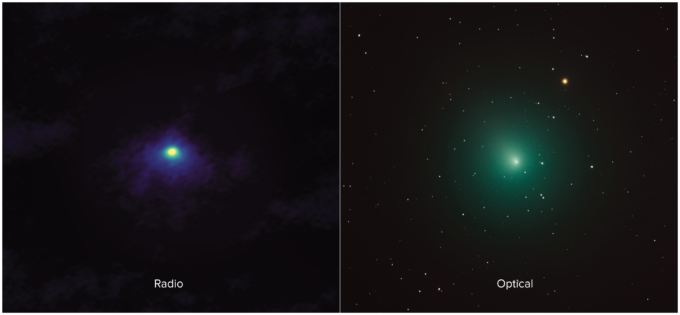 Comparación lado a lado entre la imagen de ALMA del cometa 46P / Wirtanen (izquierda) y la imagen óptica del mismo (derecha). La imagen de ALMA tiene aproximadamente 1000 veces más resolución que la imagen óptica y se enfoca en la parte interior del coma difuso del cometa. Crédito: ALMA (ESO / NAOJ / NRAO), M. Cordiner, NASA / CUA; Derek Demeter, Emil Buehler Planetarium