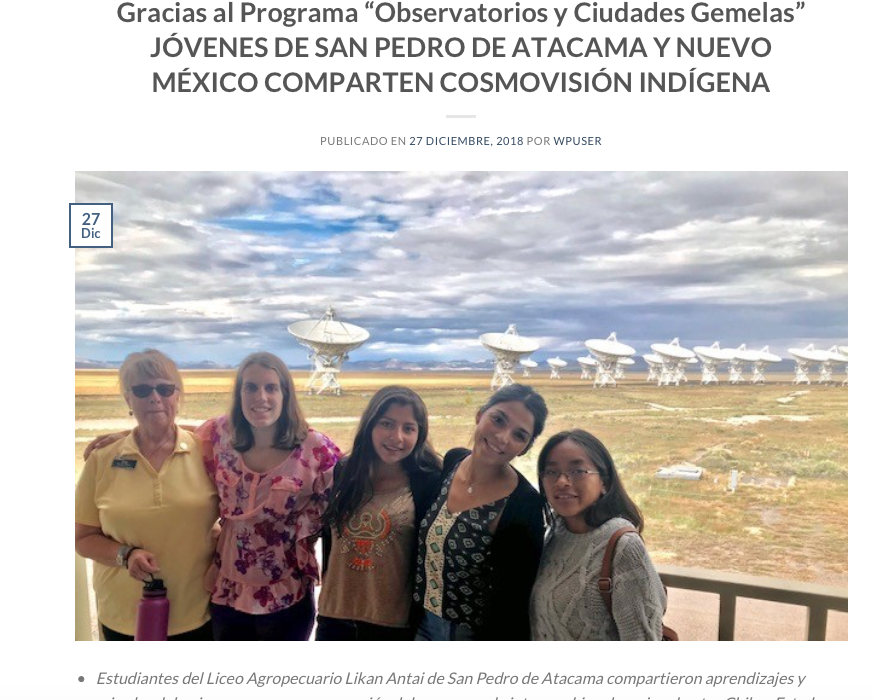 Gracias al Programa “Observatorios y ciudades gemelas”, jóvenes de San Pedro de Atacama y Nuevo México comparten cosmovisión