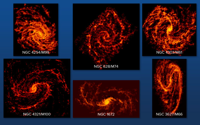 Seis galaxias observadas por ALMA de un total de 74. Las imágenes se obtuvieron en el marco de la campaña PHANGS-ALMA para estudiar las propiedades de las nubes incubadoras en galaxias espirales. Créditos: ALMA (ESO/NAOJ/NRAO); NRAO/AUI/NSF; B. Saxton