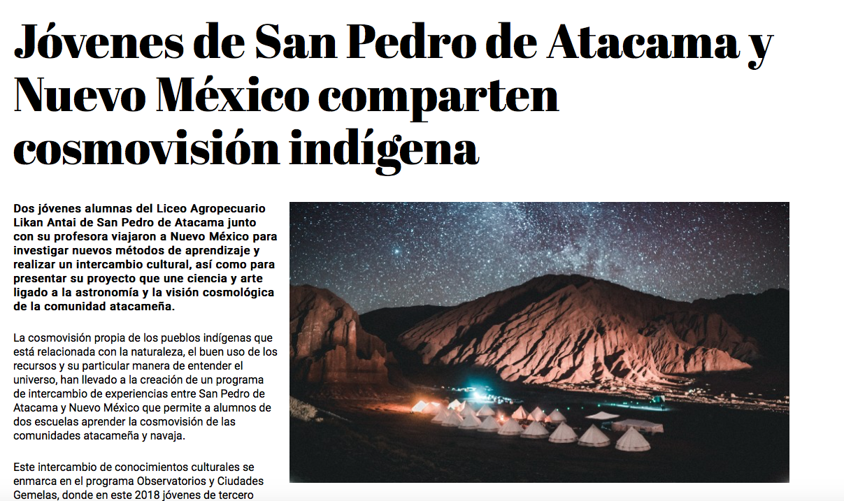 Jóvenes de San Pedro de Atacama y Nuevo México comparten cosmovisión indígena