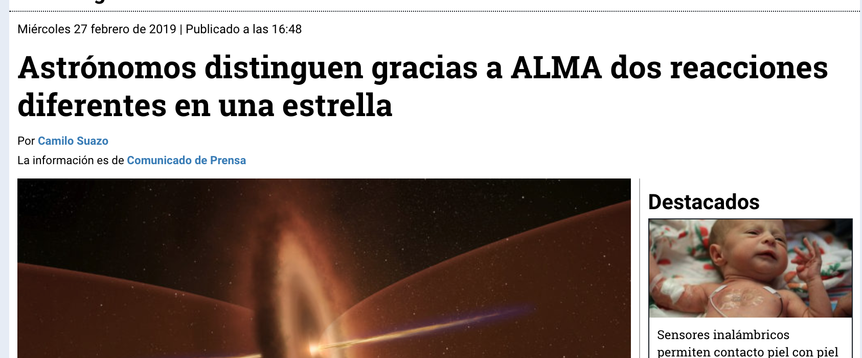 Astrónomos distinguen gracias a ALMA dos reacciones diferentes en una estrella