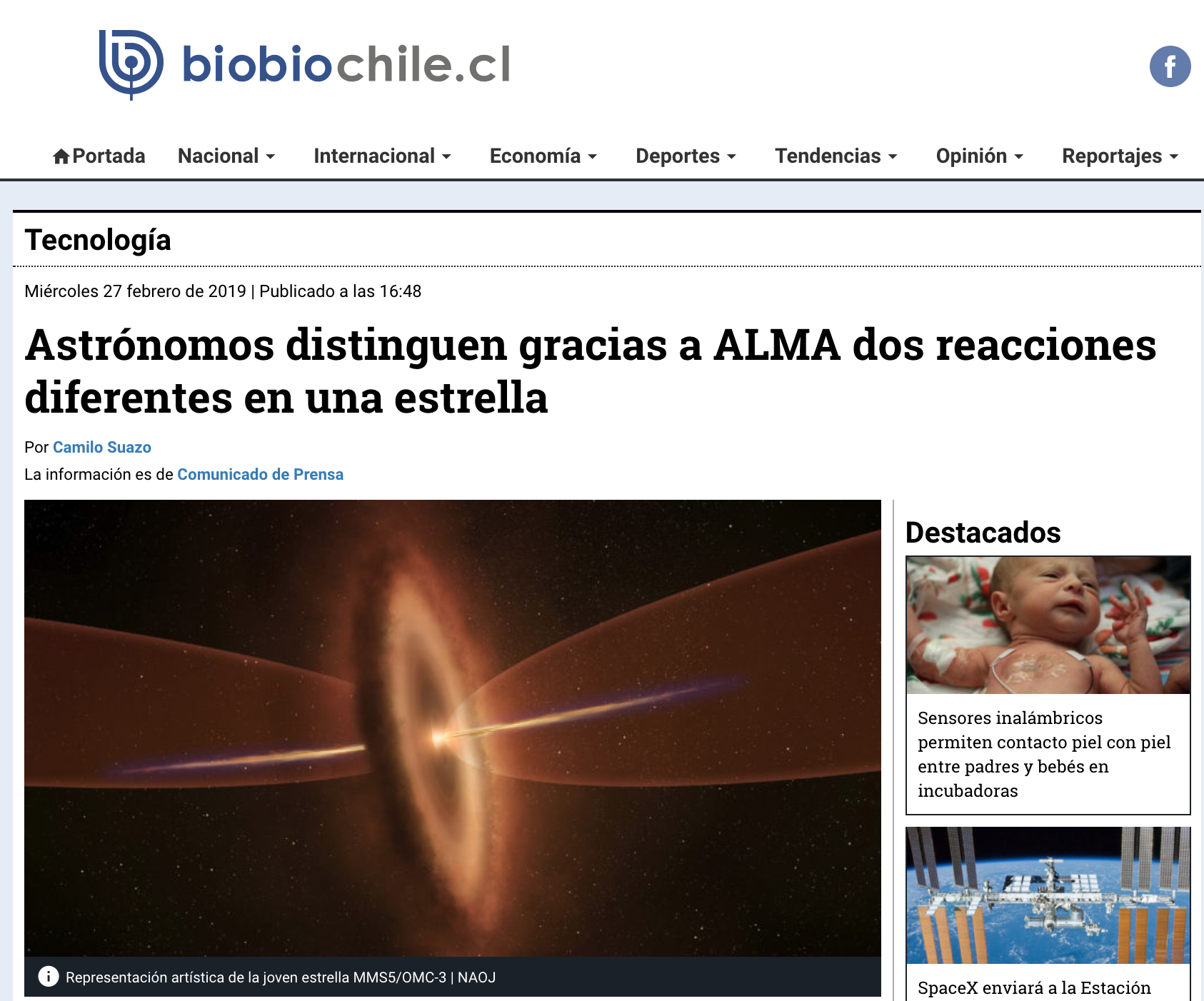 Astrónomos distinguen gracias a ALMA dos reacciones diferentes en una estrella