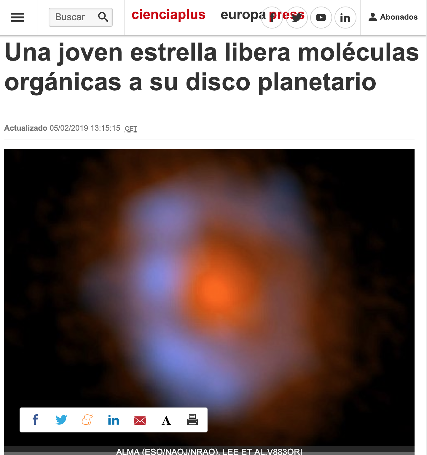 Una joven estrella libera moléculas orgánicas a su disco planetario