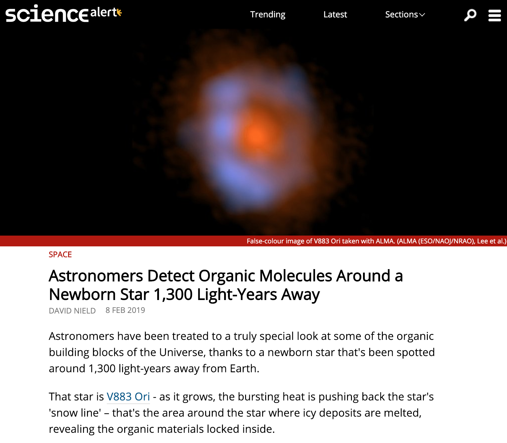 Astronomers Detect Organic Molecules Around a Newborn Star 1,300 Light-Years Away