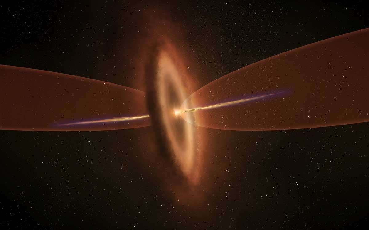 <p>Representación artística de la joven estrella MMS5/OMC-3. Las observaciones de ALMA permitieron identificar dos flujos de gas emanados de una protoestrella: un rápido chorro colimado y una lenta erupción de ángulo amplio cuyos ejes no están alineados. Créditos: NAOJ</p>
