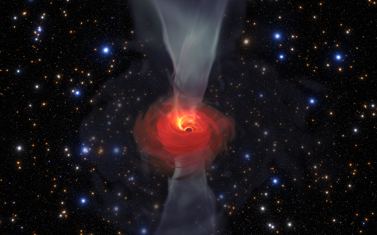 <p>Anticipándose a la primera imagen de un agujero negro, Jordy Davelaar y sus colegas construyeron una simulación de realidad virtual de uno de estos fascinantes objetos astrofísicos. Su simulación muestra un agujero negro rodeado de materia luminoso. Esta materia desaparece en el agujero negro de forma similar a un vórtice, y las condiciones extremas hacen que se convierta en un plasma brillante. La luz emitida es desviada y deformada por la poderosa gravedad del agujero negro. Crédito: Jordy Davelaar et al./ Universidad Radboud / BlackHoleCam</p>
