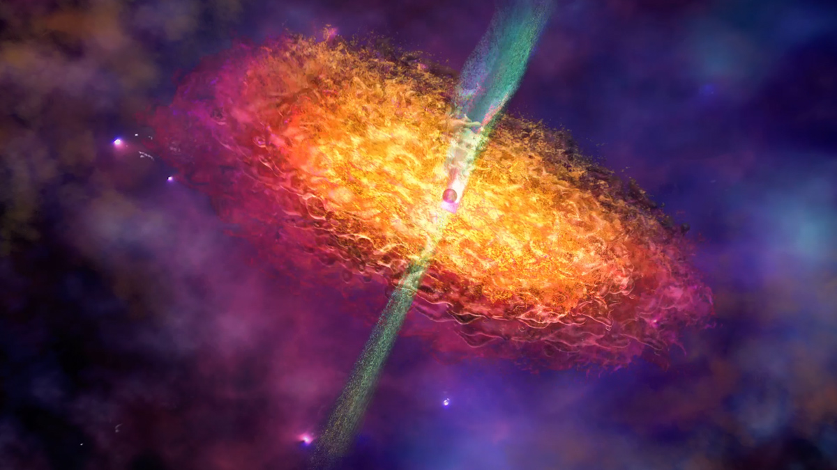 <p>Esta representación artística grafica el entorno de un agujero negro, mostrando un disco de acreción de plasma sobrecalentado y un chorro relativista. Crédito: Nicolle R. Fuller / NSF</p>
