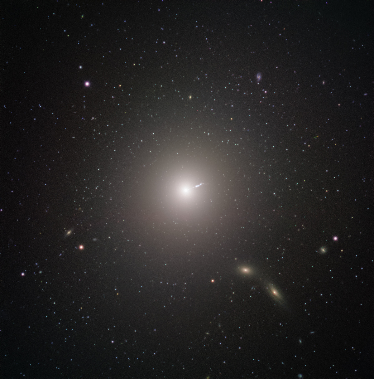 <p>Messier 87 (M87) es una enorme galaxia elíptica ubicada a unos 55 millones de años luz de la Tierra, visible en la constelación de Virgo. Fue descubierta por Charles Messier en 1781, pero no fue identificado como una galaxia hasta el siglo XX. Se encuentra entre las galaxias más grandes del Universo local: posee el doble de masa de nuestra propia galaxia, la Vía Láctea, y contiene hasta diez veces más estrellas. Además de su tamaño original, M87 tiene algunas características muy únicas. Por ejemplo, contiene un número inusualmente alto de cúmulos globulares: mientras nuestra Vía Láctea contiene menos de 200, M87 tiene aproximadamente 12.000, que según algunos científicos teorizan habría recolectado de sus vecinos más pequeños.<br />
Al igual que con todas las demás galaxias grandes, M87 tiene un agujero negro supermasivo en su centro. La masa del agujero negro en el centro de una galaxia está relacionada con la masa de la galaxia en general, por lo que no debería sorprender que el agujero negro de M87 sea uno de los más masivos conocidos. El agujero negro también puede explicar una de las características más energéticas de la galaxia: un chorro de relativista de materia que se expulsa a casi la velocidad de la luz.<br />
El agujero negro fue objeto de observaciones para cambiar paradigmas por parte del Event Horizon Telescope. El EHT lo eligió como el objetivo de sus observaciones por dos razones. Si bien la resolución de la EHT es increíble, también tiene sus límites. En vista que los agujeros negros más masivos son también más grandes en diámetro, el agujero negro central de M87 presentaba un objetivo inusualmente grande, lo que significa que se podría obtener imágenes más fácilmente que los agujeros negros más pequeños que se encuentran más cerca. La otra razón para elegirlo fue claramente más terrenal. M87 aparece bastante cerca del ecuador celeste cuando se ve desde nuestro planeta, haciéndolo visible en la mayor parte de los hemisferios norte y sur. Esto maximizó el número de telescopios en el EHT que podían observarlo, aumentando la resolución de la imagen final.<br />
FORS2 capturó esta imagen en el Very Large Telescope de ESO como parte del programa Cosmic Gems, una iniciativa de divulgación que utiliza los telescopios de ESO para producir imágenes de objetos interesantes, intrigantes o visualmente atractivos con fines educativos y de divulgación pública. El programa utiliza el tiempo de telescopio que no se puede usar para las observaciones científicas, y produce imágenes impresionantes de algunos de los objetos más sorprendentes en el cielo nocturno. En caso de que los datos recopilados puedan ser útiles para futuros propósitos científicos, estas observaciones se guardan y se ponen a disposición de los astrónomos a través del ESO Science Archive. Crédito: ESO</p>
