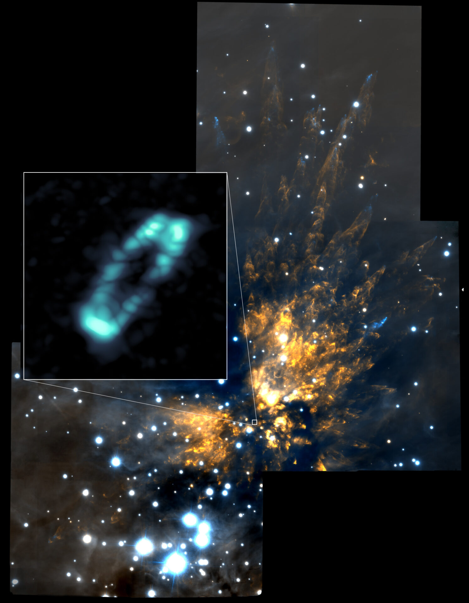 Imagen generada por ALMA donde se aprecia el disco de sal que rodea la joven y masiva estrella Orion Source I (anillo azul). Aquí se muestra dentro de la nube molecular de Orión 1, una zona con una gran actividad de producción de estrellas. La imagen de fondo en infrarrojo cercano se tomó con el Observatorio Gemini. Crédito: ALMA (NRAO/ESO/NAOJ); NRAO/AUI/NSF; Observatorio Gemini/AURA