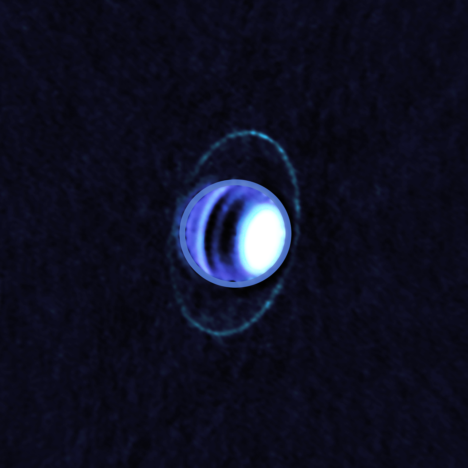 <p>Imagen compuesta de la atmósfera y los anillos de Urano tomada con el radiotelescopio ALMA en diciembre de 2017. La imagen muestra por primera vez la emisión térmica, o temperatura, de los anillos de Urano, permitiendo a los astrónomos determinarla en unos fríos 77º Kelvin (-196,15℃). Bandas oscuras en la atmósfera de Urano delatan la presencia de moléculas que absorben las ondas de radio, en particular gas de Sulfuro de Hidrógeno (H2S); mientras que las zonas más brillantes como el polo norte contienen muy pocas de estas moléculas. Crédito: ALMA (ESO/NAOJ/NRAO); E. Molter and I. de Pater.</p>
