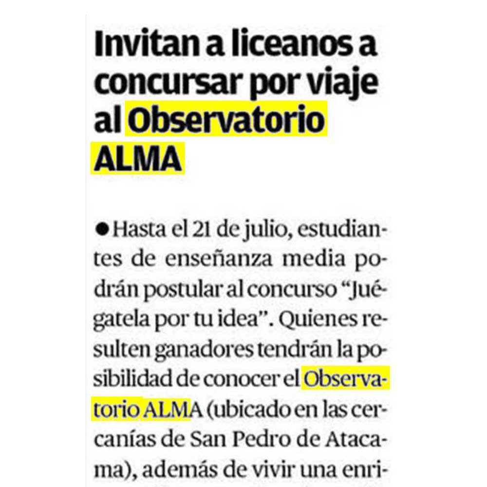 Invitan a liceanos a concursar por viaje al Observatorio ALMA