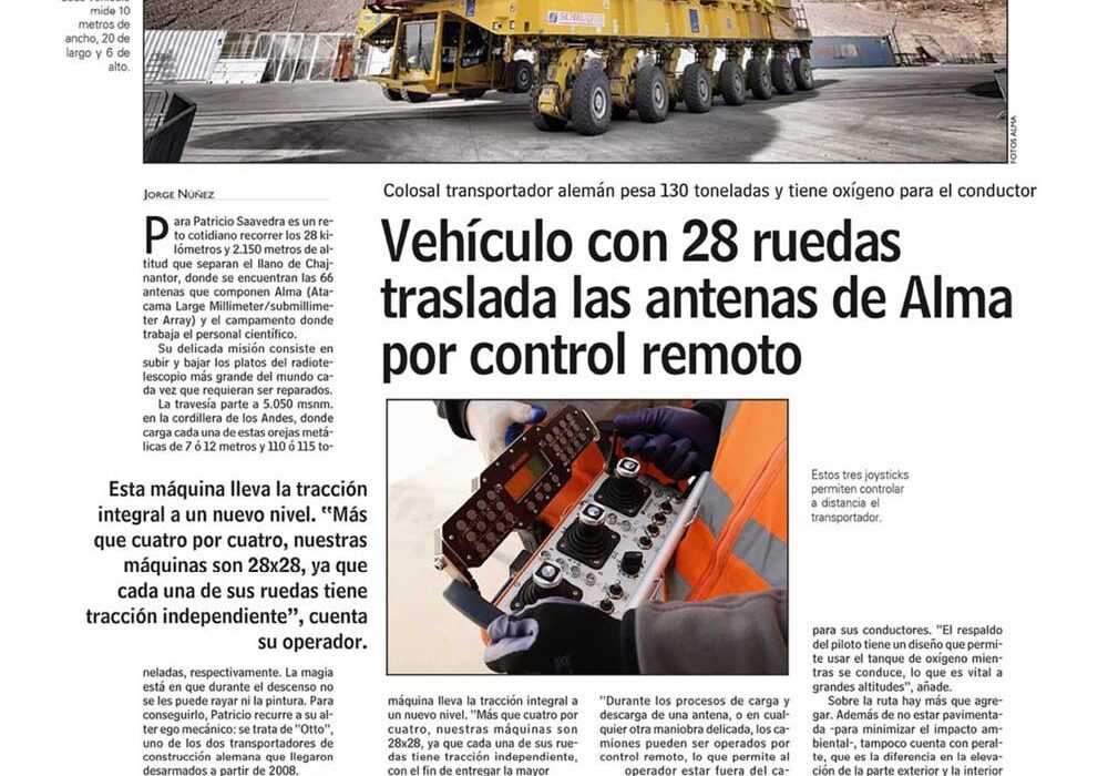 Vehículo con 28 ruedas traslada las antenas de Alma por control remoto