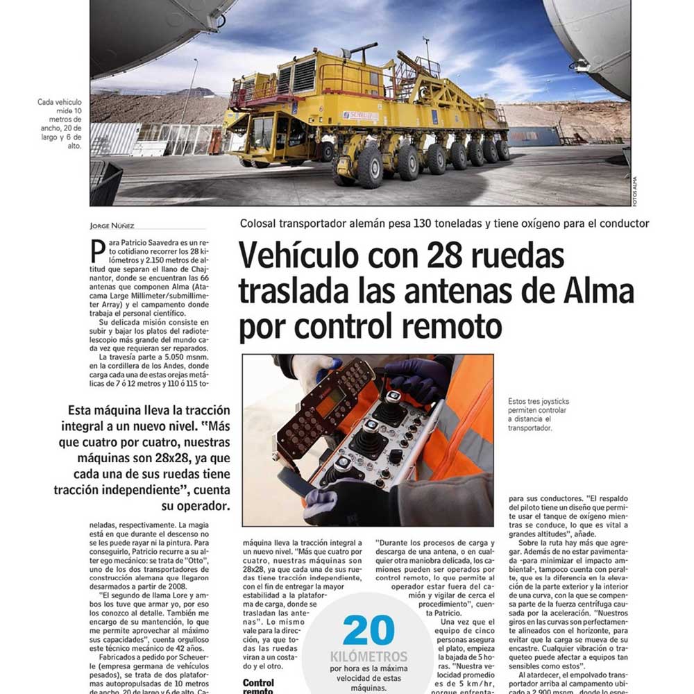 Vehículo con 28 ruedas traslada las antenas de Alma por control remoto