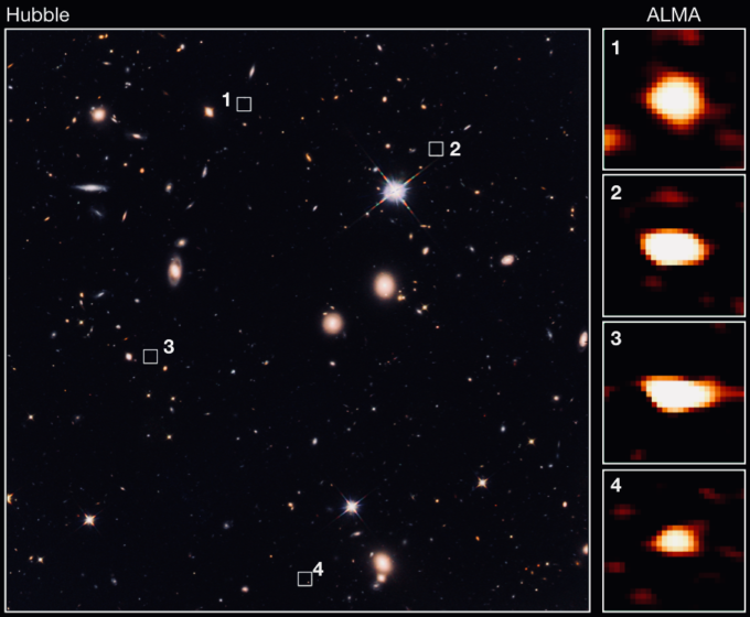 ALMA identificó 39 tenues galaxias invisibles para el telescopio espacial Hubble en la zona más lejana del Universo observada por este último, a 10.000 millones de años luz de distancia. En esta imagen se comparan las observaciones de ALMA y del telescopio Hubble. Los cuadros numerados de 1 a 4 corresponden a los lugares donde se encuentran estas galaxias invisibles para el telescopio Hubble. Créditos: Universidad de Tokio/CEA/NAOJ.