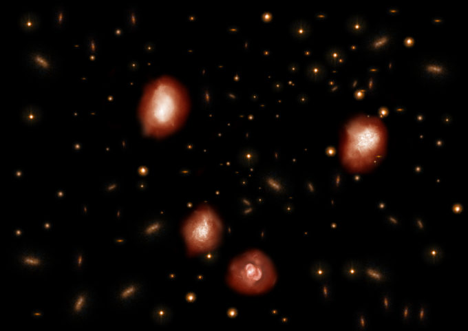 Representación artística de las distantes galaxias observadas con ALMA. ALMA identificó galaxias tenues invisibles para el telescopio espacial Hubble. Para el equipo de investigación, estas galaxias preceden a las galaxias elípticas masivas del Universo actual. Créditos: NAOJ