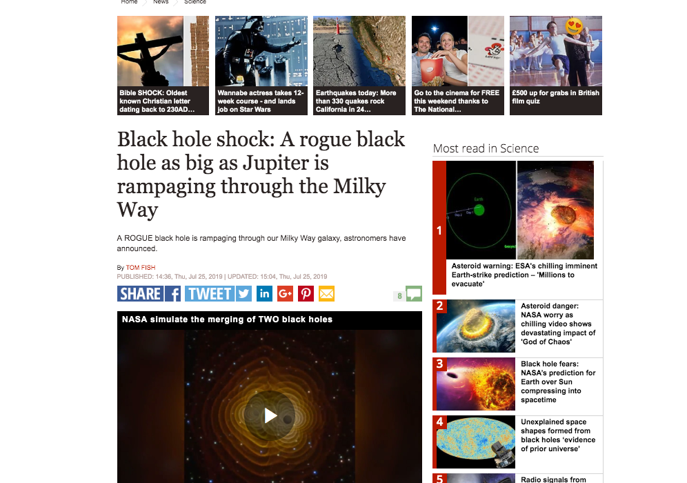Black hole shock: A rogue black hole as big as Jupiter is rampaging through the Milky Way