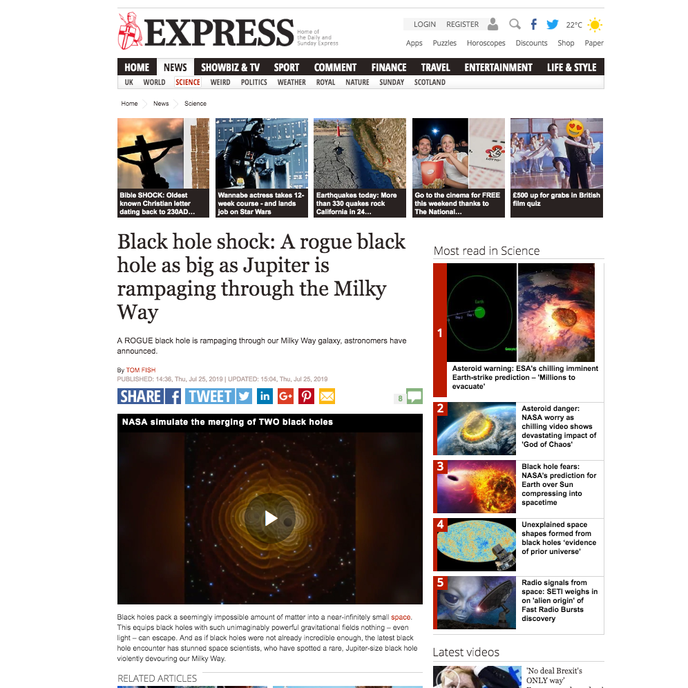 Black hole shock: A rogue black hole as big as Jupiter is rampaging through the Milky Way