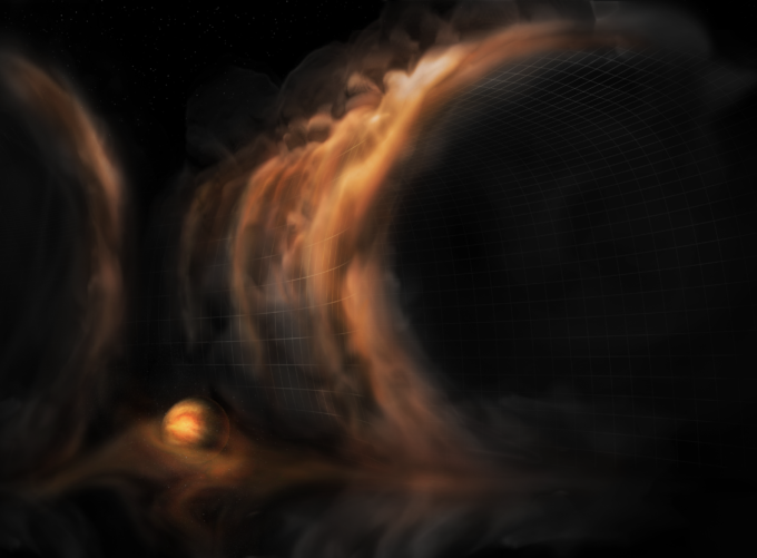 Representación artística del gas que fluye en cascada hacia el surco de un disco protoplanetario, probablemente causado por un planeta recién formado. Créditos: NRAO/AUI/NSF, S. Dagnello.