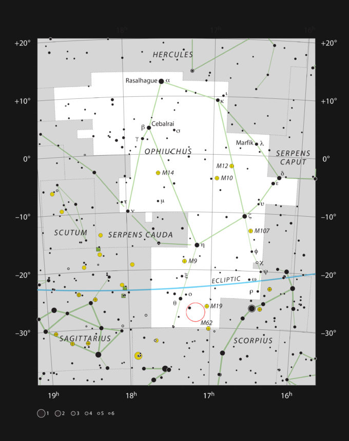 Este mapa muestra la ubicación de Barnard 59 en la Constelación de Ofiuco (El portador de la Serpiente o Serpentario). La mayor parte de las estrellas de esta imagen pueden verse a simple vista bajo buenas condiciones meteorológicas, y la propia Barnard 59 está señalada con un círculo rojo en la imagen. Esta nebulosa oscura es parte de la Nebulosa de la Pipa, que destaca por su oscuridad en la Vía Láctea y puede también puede verse a simple vista bajo buenas condiciones. Crédito: ESO, IAU and Sky & Telescope