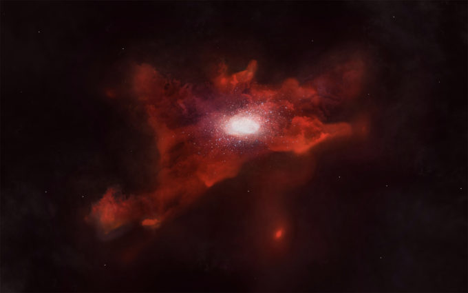 Representación artística de una joven galaxia rodeada por una enorme nube de gas. Créditos: NAOJ