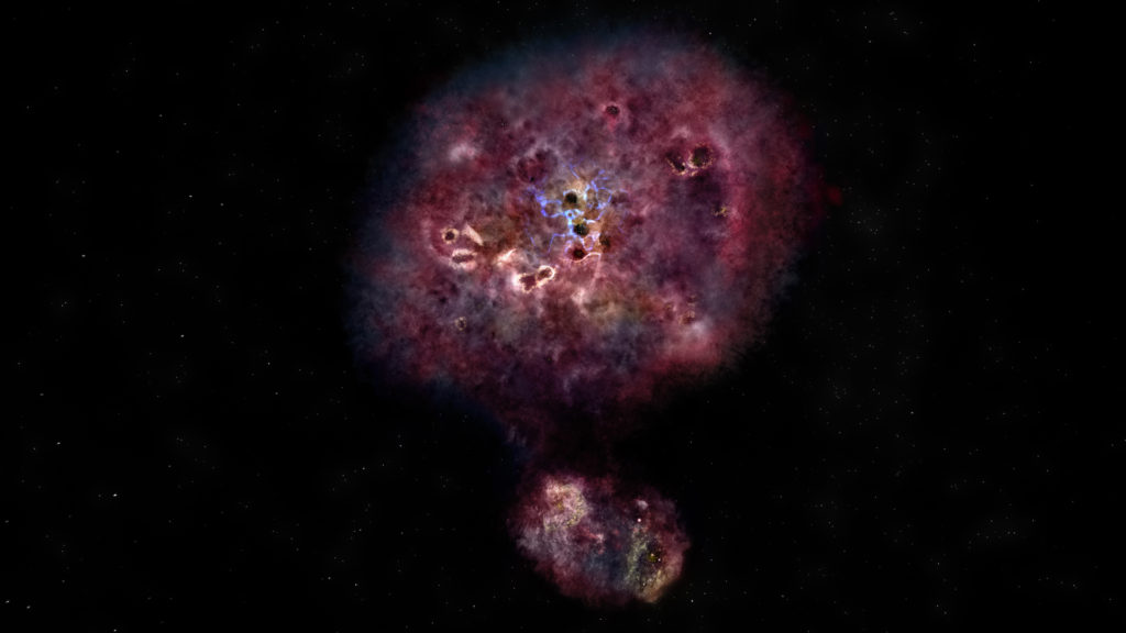 <p>Impresión artística de cómo se vería MAMBO-9 con luz visible. La galaxia tiene mucho polvo y aún no ha construido la mayoría de sus estrellas. Crédito: NRAO/AUI/NSF, B. Saxton</p>
