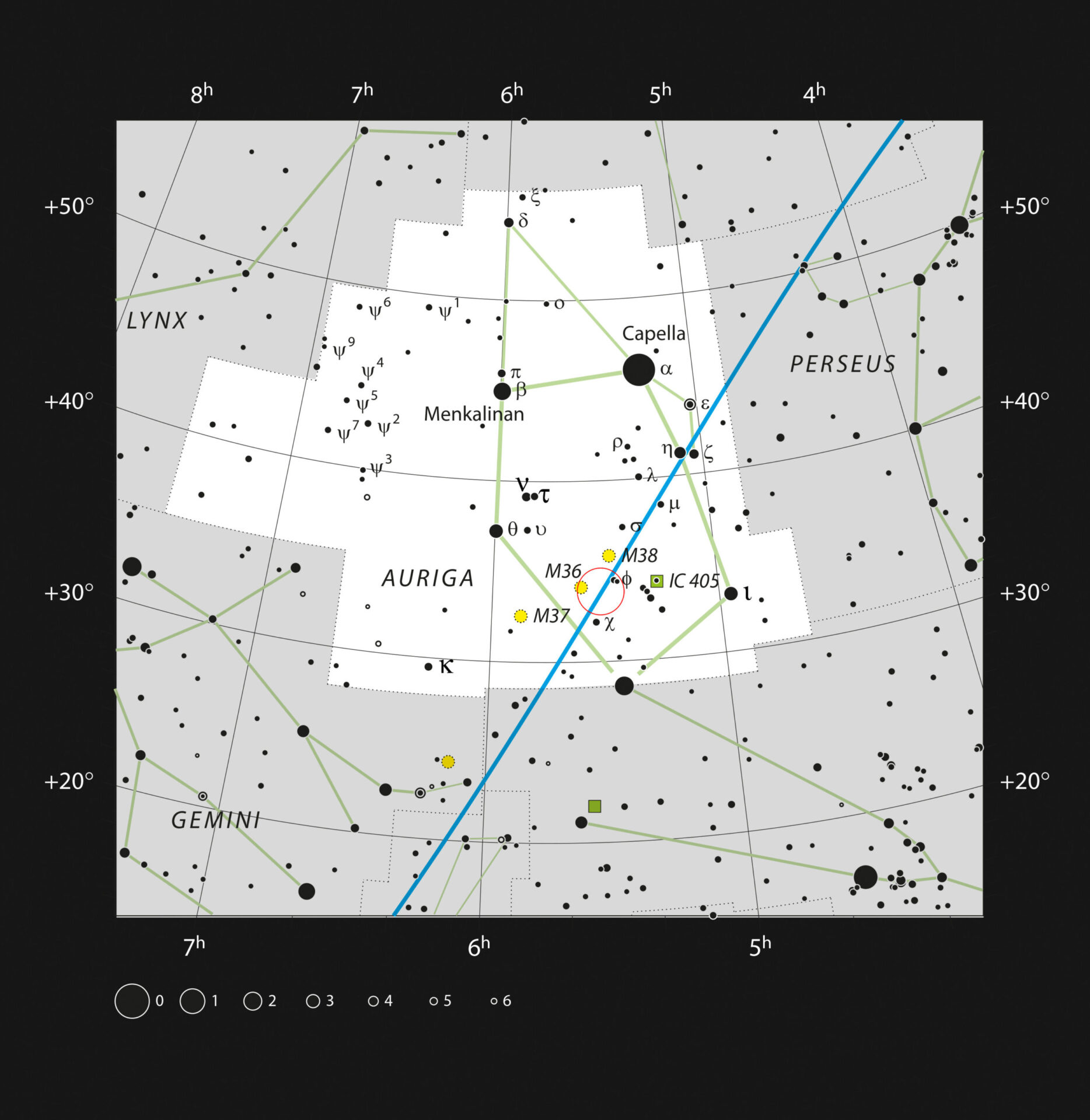 This chart shows the location of the star-forming region AFGL 5142, recently observed with ALMA, in the constellation of Auriga. The map shows most of the stars visible to the unaided eye under good conditions, and AFGL 5142 itself is highlighted with a red circle on the image. Credit: ESO, IAU and Sky & Telescope