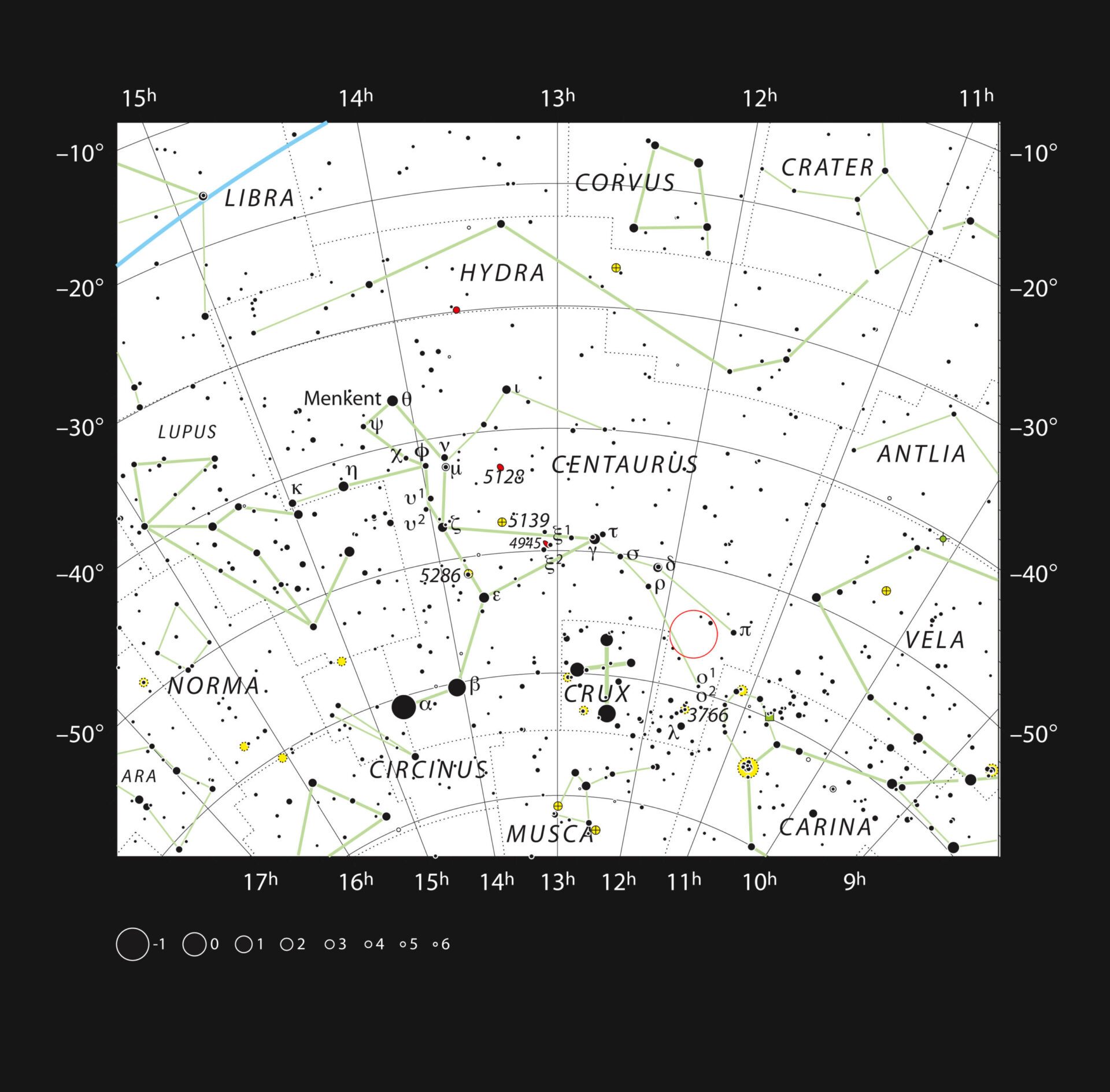 <p>This chart shows the location of HD101584, a gas cloud surrounding a binary star recently studied with ALMA and APEX, in the constellation of Centaurus. The map shows most of the stars visible to the unaided eye under good conditions, and HD101584 itself is highlighted with a red circle on the image.</p>
<p>Credit:<br />
ESO, IAU and Sky & Telescope</p>
