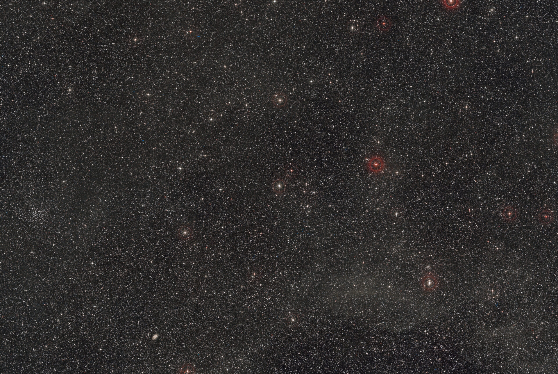 <p>This wide-field view shows the region of the sky, in the constellation of Centaurus, where HD101584, a gas cloud surrounding a binary star recently studied with ALMA and APEX, is located. This view was created from images forming part of the Digitized Sky Survey 2.</p>
<p>Credit:<br />
ESO/Digitized Sky Survey 2. Acknowledgement: Davide De Martin</p>

