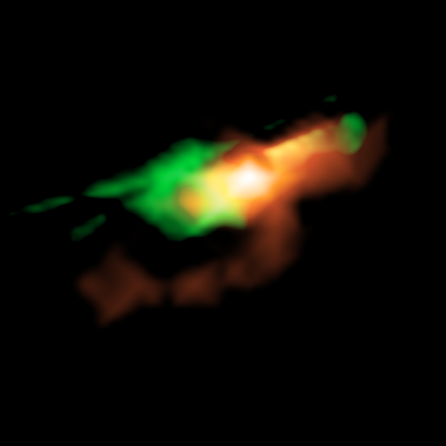 Reconstructed images of what MG J0414+0534 would look like if gravitational lensing effects were turned off. The emissions from dust and ionized gas around a quasar　are shown in red. The emissions from carbon monoxide gas are shown in green, which have a bipolar structure along the jets. Credit: ALMA (ESO/NAOJ/NRAO), K. T. Inoue et al.