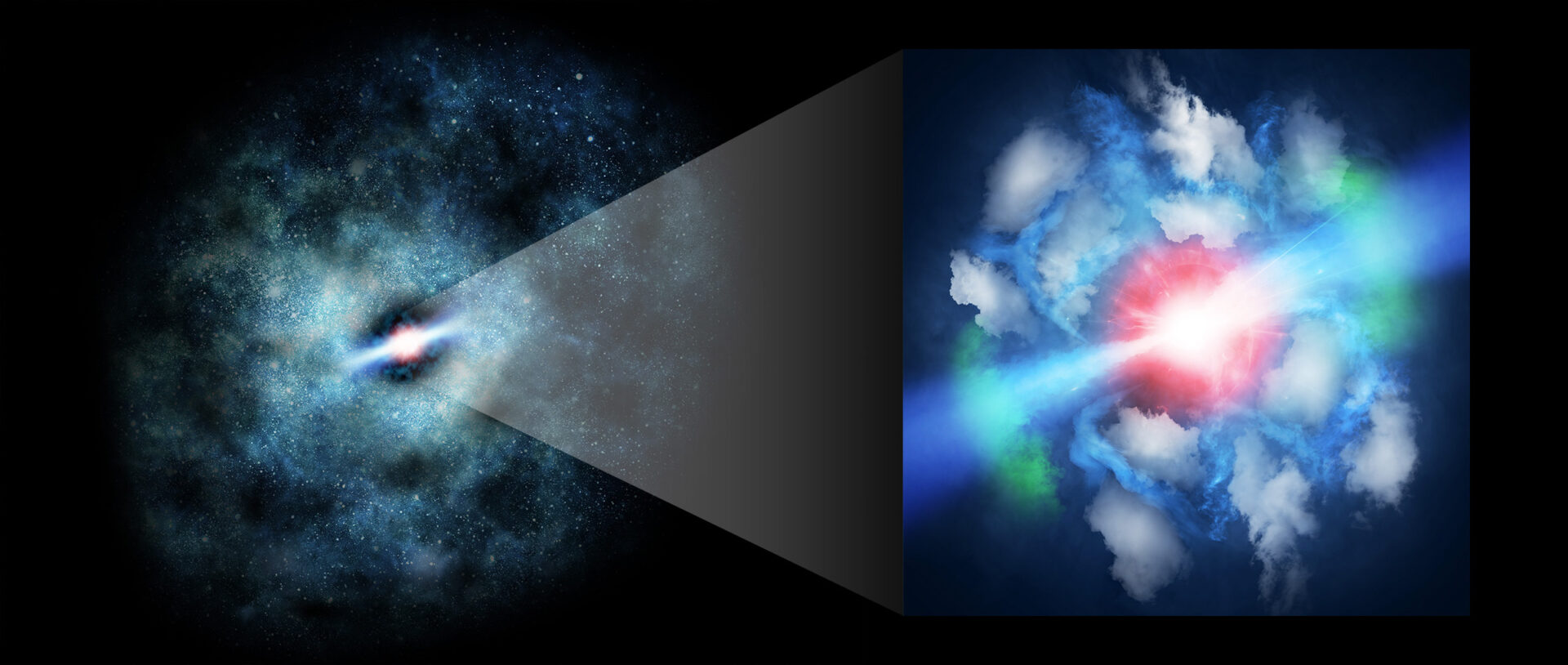 Representación artística de MG J0414+0534. El agujero negro supermasivo en el centro acaba de emitir unos poderosos chorros que están perturbando el gas circundante en la galaxia huésped. Créditos: Universidad Kindai