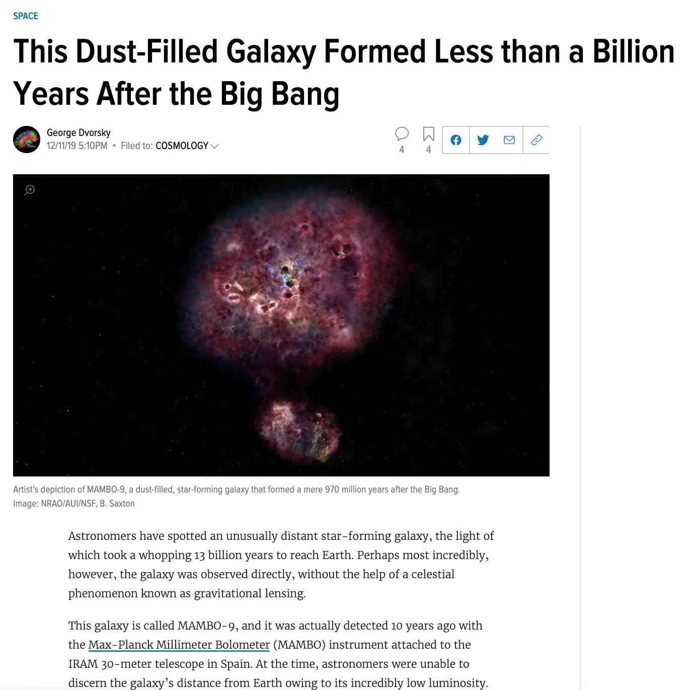 This Dust-Filled Galaxy Formed Less than a Billion Years After the Big Bang