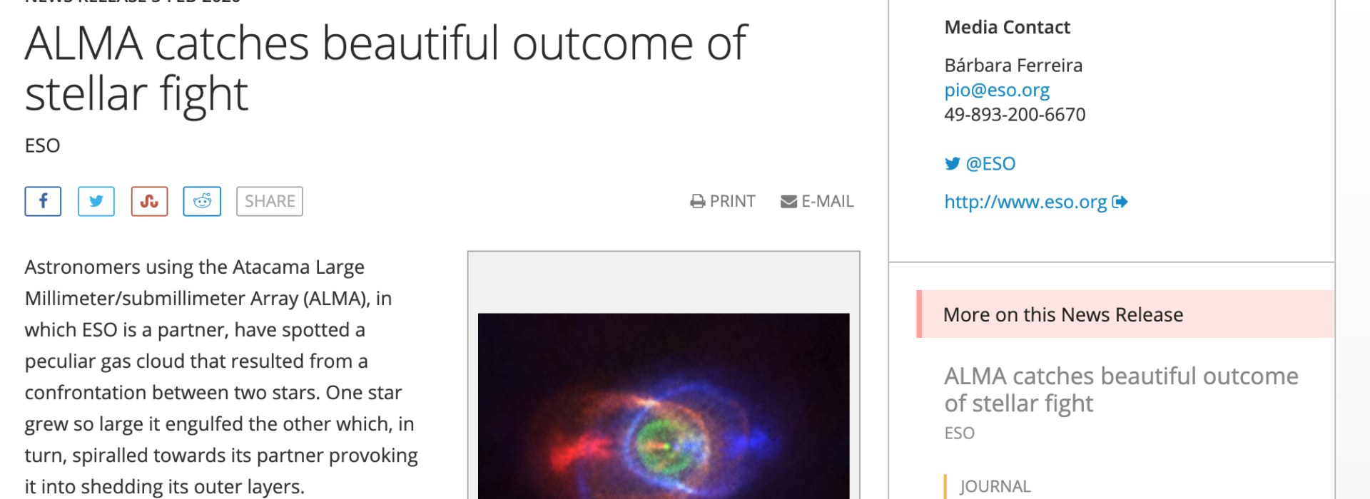 ALMA catches beautiful outcome of stellar fight