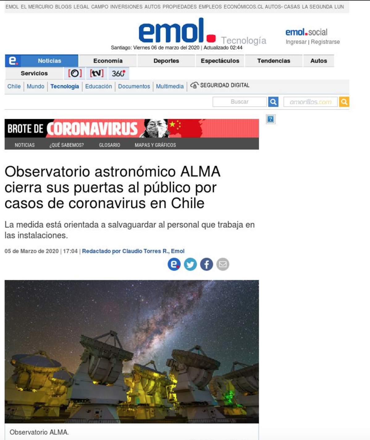 Observatorio astronómico ALMA cierra sus puertas al público por casos de coronavirus en Chile