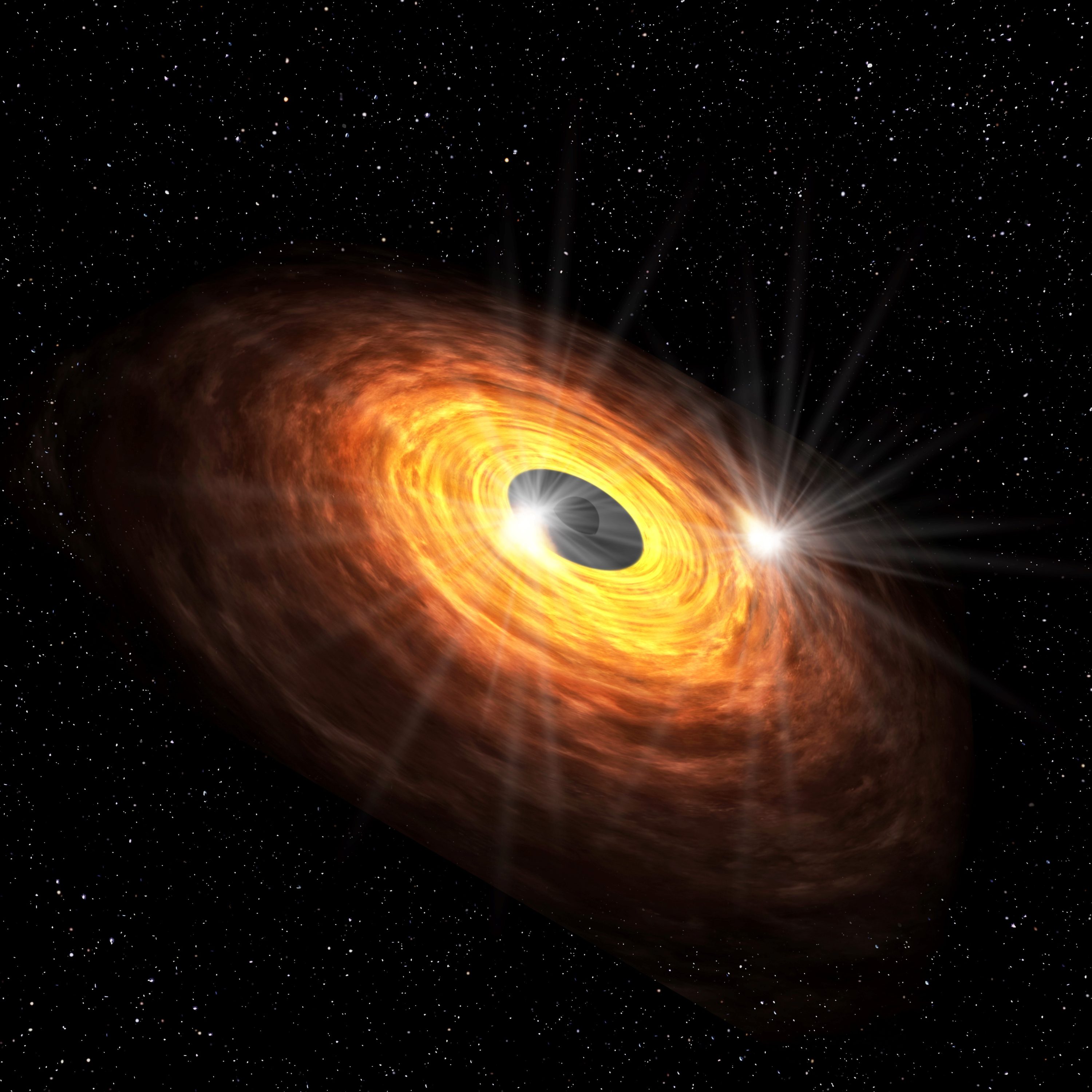 Representación artística del disco de gas que rodea el agujero negro supermasivo. Los puntos calientes que giran alrededor del agujero negro podrían ser el origen de las emisiones milimétricas cuasiperiódicas detectadas por ALMA. Crédito: Universidad Keio