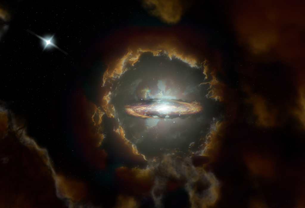 Artist impression of the Wolfe Disk, a massive rotating disk galaxy in the early, dusty universe. The galaxy was initially discovered when ALMA examined the light from a more distant quasar (top left). Credit: NRAO/AUI/NSF, S. Dagnello