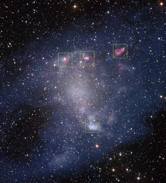 <p>Esta imagen es una composición formada por observaciones anteriores hechas con el instrumento Wide Field Imager, instalado en el Telescopio MPG/ESO de 2,2 metros en el Observatorio La Silla de ESO, y los nuevos datos recogidos por ALMA (Atacama Large Millimeter/submillimeter Array). Las observaciones de ALMA revelan, con una resolución sin precedentes, la estructura de las nubes de gas en las que se están formando estrellas. Crédito: ESO, ALMA (ESO/NAOJ/NRAO)/A. Schruba, VLA (NRAO)/Y. Bagetakos/Little THINGS</p>
