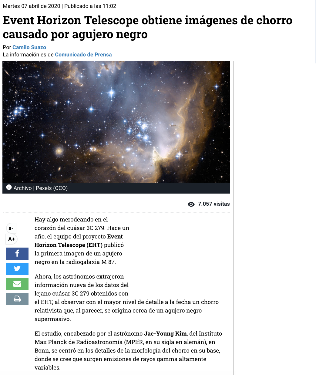 Event Horizon Telescope obtiene imágenes de chorro causado por agujero negro