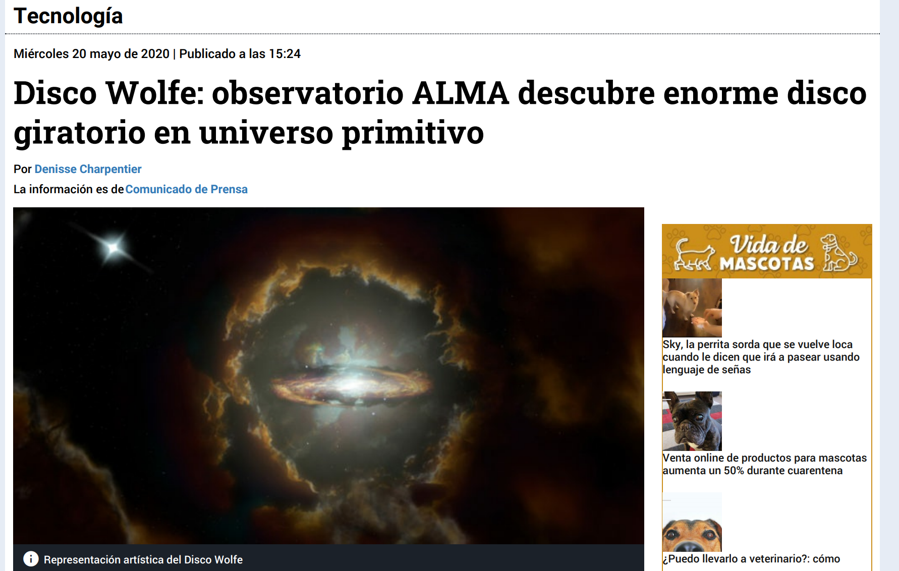 Disco Wolfe: observatorio ALMA descubre enorme disco giratorio en universo primitivo