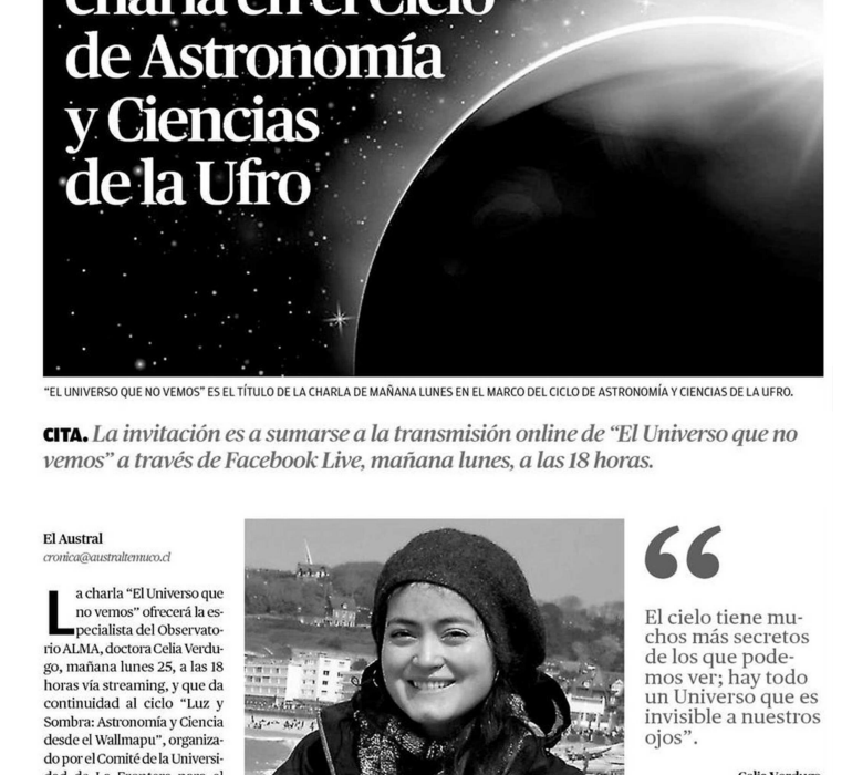 Experta del Observatorio ALMA dictará charla en el Ciclo de Astronomía y Ciencias de la Ufro