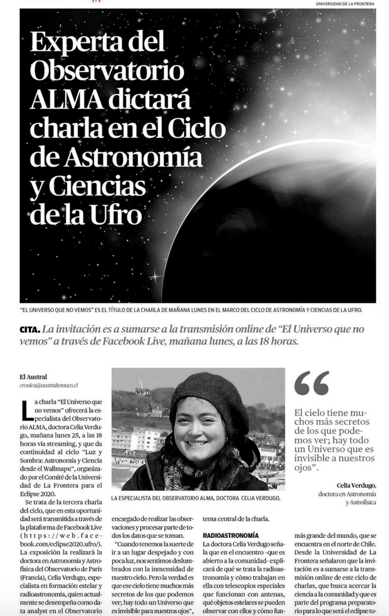Experta del Observatorio ALMA dictará charla en el Ciclo de Astronomía y Ciencias de la Ufro