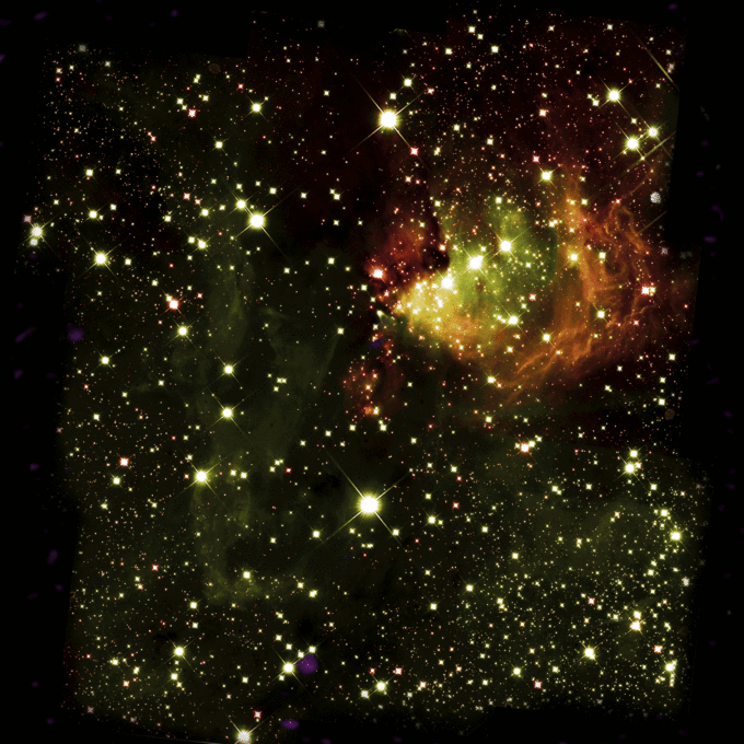 Este gif animado muestra la estructura y los movimientos del gas (con aceleración en dirección del Sol) en el cúmulo en formación observado por ALMA (morado) en contraposición de la imagen infrarroja del telescopio Hubble. Las variaciones de color del rosado al azul, pasando por el morado, representan el gas que se desplaza a distintas velocidades, entre los 15 km/s y los 24 km/s. Estos movimientos son determinados por la gravedad, la turbulencia y la “respuesta” a la presión de la radiación y los vientos por parte de las estrellas recién nacidas. Créditos: ALMA (ESO/NAOJ/NRAO), Y. Cheng et al.; NRAO/AUI/NSF, S. Dagnello; NASA/ESA Hubble.