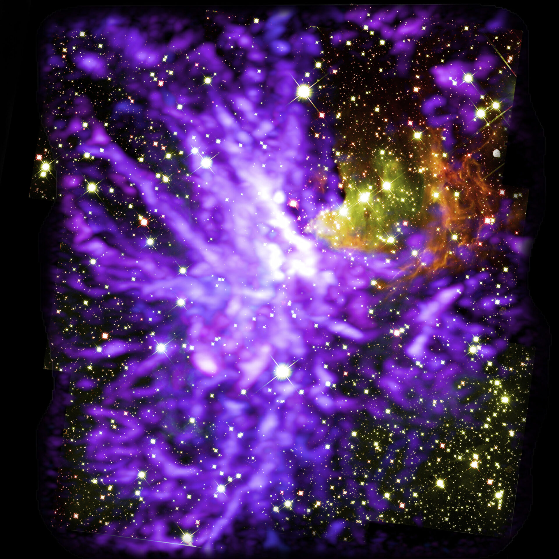 <p>Image of star cluster G286.21+0.17, caught in the act of formation. This is a multiwavelength mosaic of more than 750 ALMA radio images, and 9 Hubble infrared images. ALMA shows molecular clouds (purple) and Hubble shows stars and glowing dust (yellow and red). Credit: ALMA (ESO/NAOJ/NRAO), Y. Cheng et al.; NRAO/AUI/NSF, S. Dagnello; NASA/ESA Hubble.</p>
