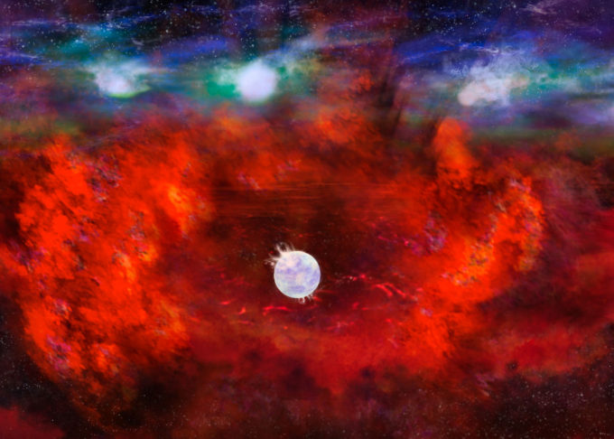 Esta representación artística de Supernova 1987A muestra el interior polvoriento del remanente de la estrella que explotó (en rojo), donde podría ocultarse una estrella de neutrones. Esta zona interna contrasta con la capa superficial (en azul), donde la energía de la supernova entra en colisión (en verde) con el envoltorio de gas eyectado de la estrella antes de su poderosa detonación. Créditos: NRAO/AUI/NSF, B. Saxton