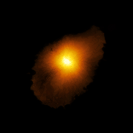 Utilizando ALMA (un conjunto de antenas del cual ESO es socio), un equipo de astrónomos ha revelado la existencia de una galaxia muy distante que es sorprendentemente similar a nuestra Vía Láctea. La galaxia, SPT0418-47, se ha observado gracias a una lente gravitacional de una galaxia cercana, y puede verse como un anillo de luz casi perfecto. A partir de los datos proporcionados por ALMA, el equipo de investigación reconstruyó la verdadera forma de la galaxia distante, que se muestra aquí, y el movimiento de su gas, utilizando para ello una nueva técnica de modelado por ordenador. Crédito: ALMA (ESO/NAOJ/NRAO), Rizzo et al.