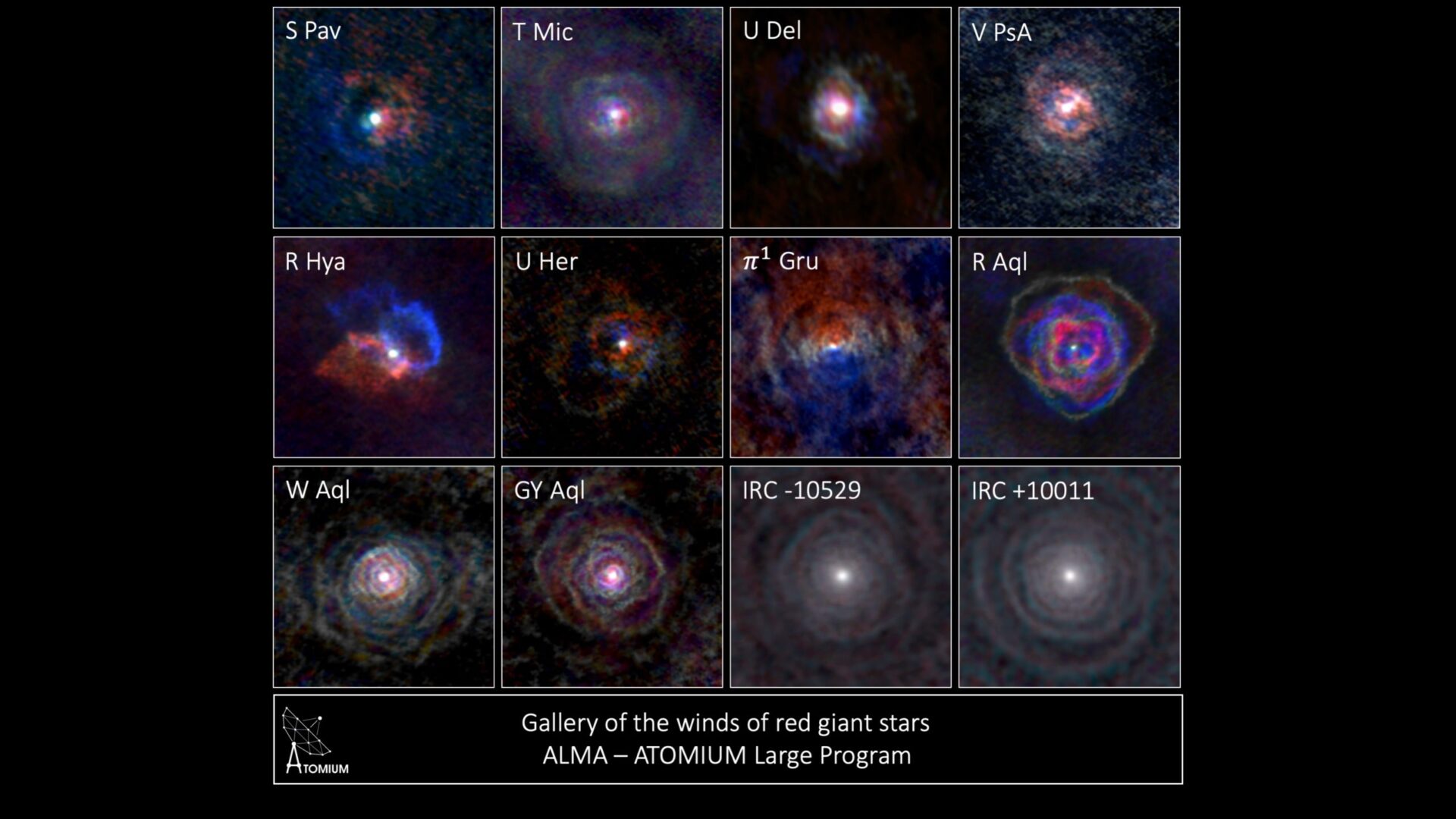 <p>Gallery of stellar winds around cool ageing stars showing a variety of morphologies including disks cones and spirals. Credit: L. Decin – ESO – ALMA</p>
