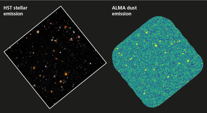Comparison between the Hubble optical/near-infrared image in the ASPECS footprint of the H-UDF, shown to the right. Credit: STScI, gonzalez-Lopez et al, ALMA (ESO/NAOJ/NRAO)