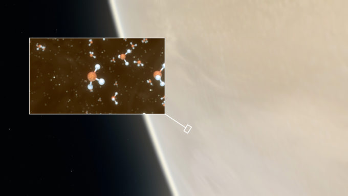 Esta representación artística muestra a Venus, nuestra vecina del Sistema Solar, donde los científicos han confirmado la detección de moléculas de fosfina (en la inserción vemos una representación de la misma). Las moléculas fueron detectadas en las nubes altas de Venus con datos del Telescopio James Clerk Maxwell y el Atacama Large Millimeter/submillimeter Array (ALMA). Los astrónomos han especulado durante décadas con la posible existencia de vida en las nubes altas de Venus. La detección de fosfina podría apuntar a tal vida "aérea" extraterrestre. Crédito: ESO/M. Kornmesser/L. Calçada & NASA/JPL/Caltech
