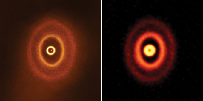 ALMA images of the planet-forming disk with misaligned rings around triple star system GW Orionis. The image on the right is made with ALMA data taken in 2017 from Bi et al. The image on the left is made with ALMA data taken in 2018 from Kraus et al. Credit: ALMA (ESO/NAOJ/NRAO), S. Kraus & J. Bi; NRAO/AUI/NSF, S. Dagnello